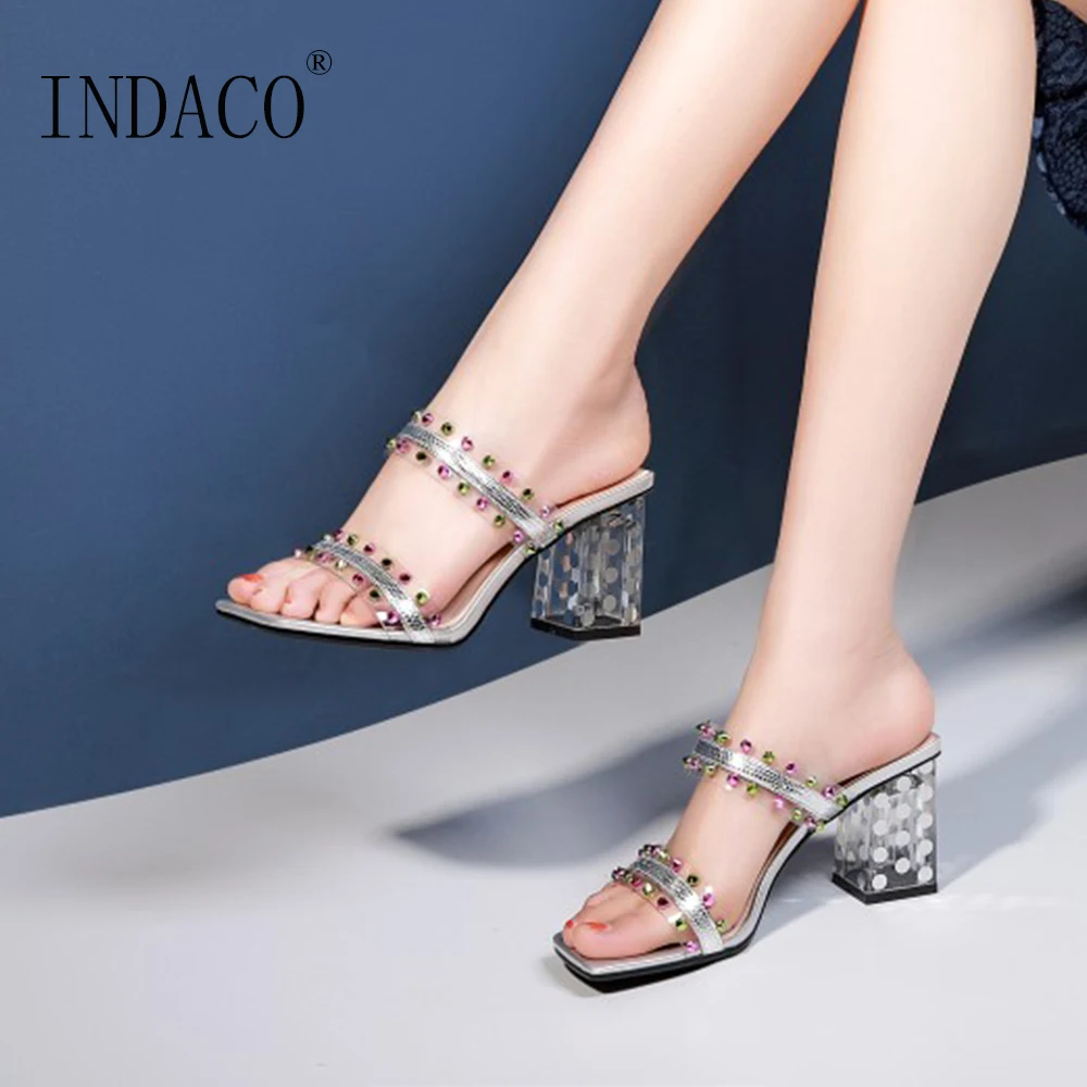 

Women Slides Rhinestone Summer Shoes Fashion Sheepskin Square Heel Slip-on Shoes Women Silver