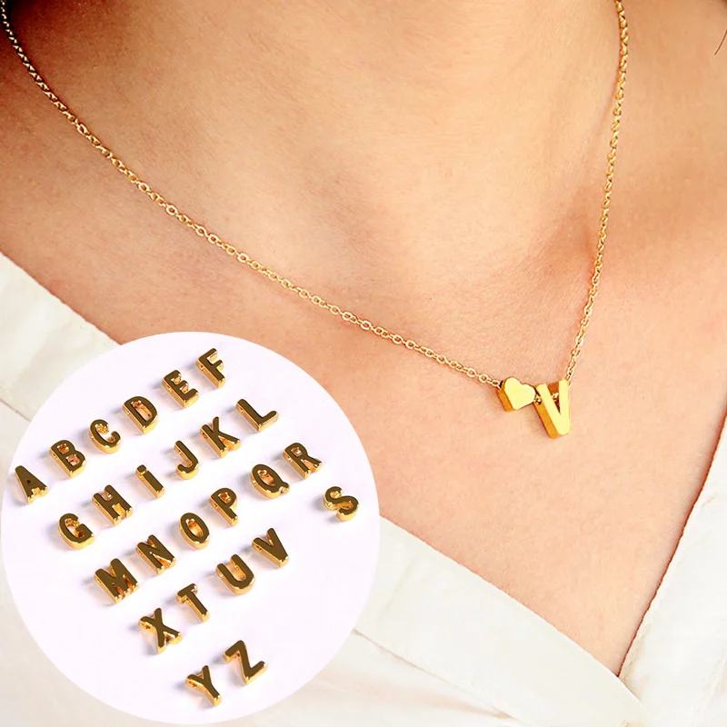 

1PC Hot Fashion Golden Silvery 26 English Letters Alloy Heart Link Chain Short Necklace Pendant Necklace