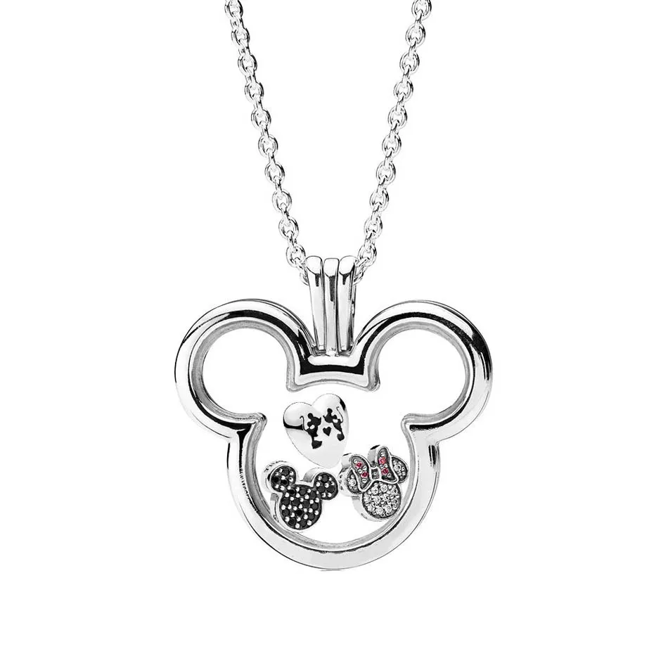 

925 Sterling Silver Necklace for Women Sparkling Mickey Minnie Floating Locket Set with Petites Girl Gift fit Lady Jewelry