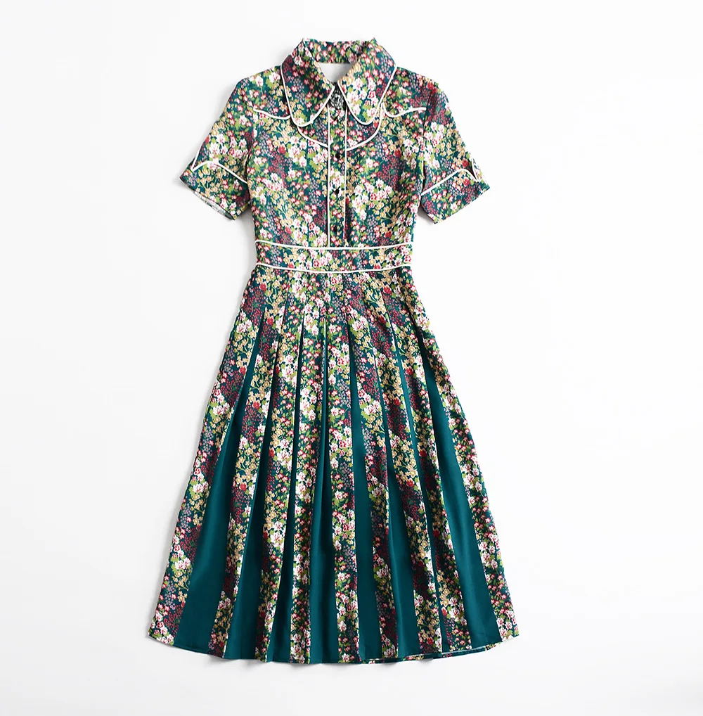 2019 Spring Summer Women short Sleeve Floral Print Elegant Casual Dresses Vestidos Robe Femme floral lapel print pleated Dress (3)