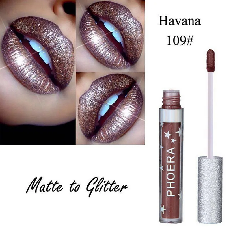 

PHOERA Liquid Lipstick Maquiagem Women Cosmetics Brand Lipgloss Shining Diamond Glitter Shimmer Lip Tint Makeup Metal Lip Gloss