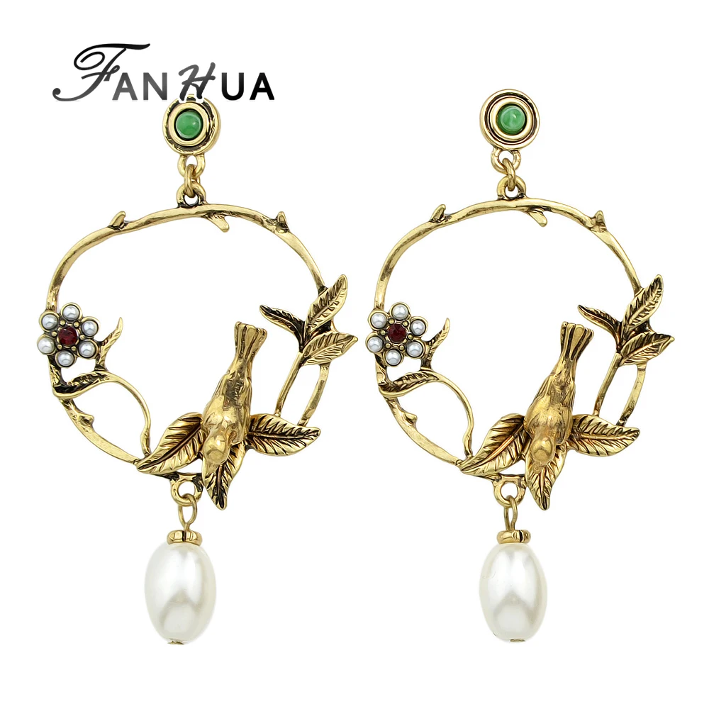 Download FANHUA Vintage Style Antique Gold Color Branches Bird Earrings Round with Simulated pearl Dangle ...