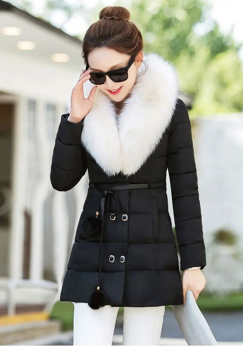 2016 New Winter Fashion Women Down jacket Fur collars Single breasted Medium long Coat Long sleeve
