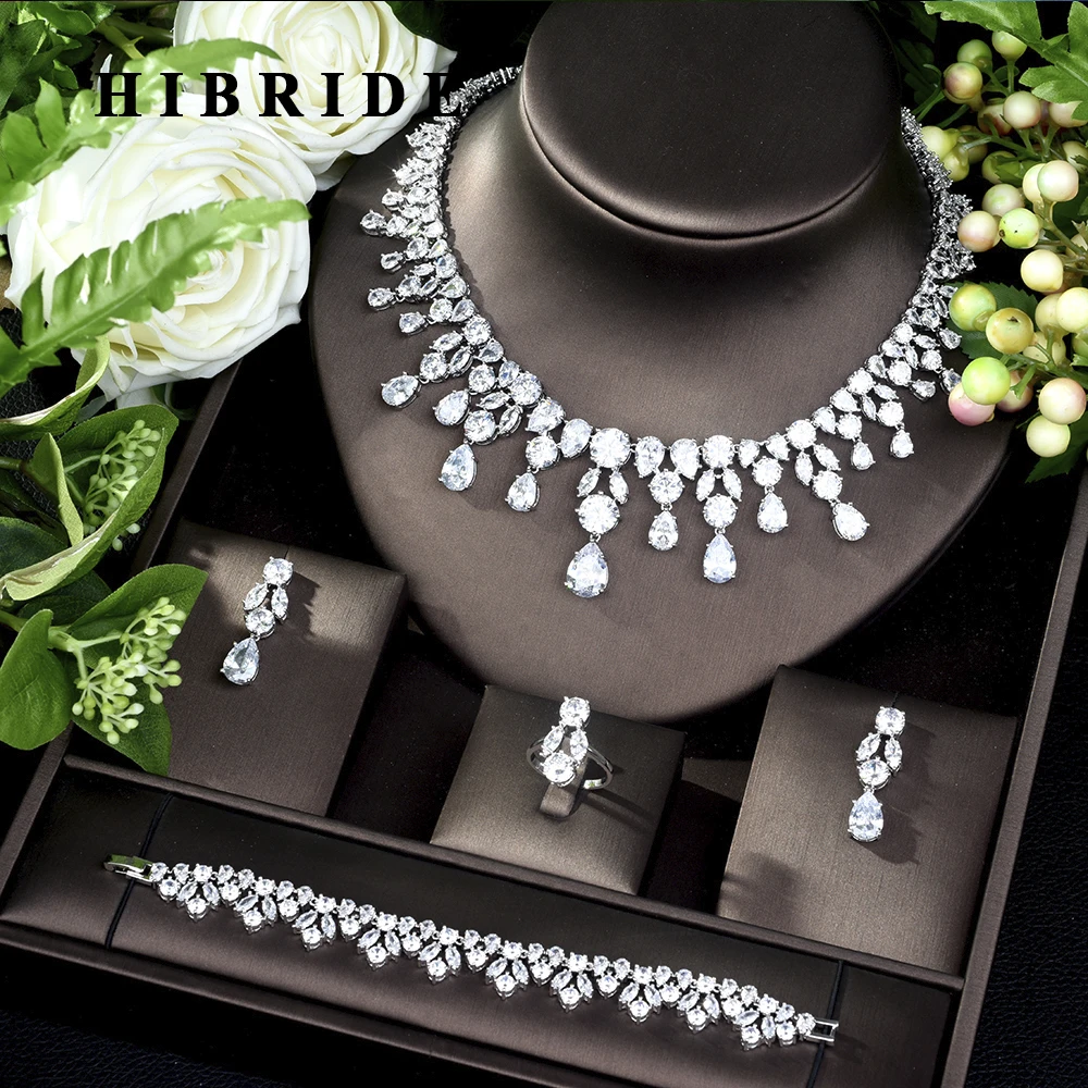 HIBRIDE Dubai 4pcs Bridal Zirconia Jewelry Sets For Women Party, Luxury Nigeria CZ Crystal Wedding Jewelry Sets N-182