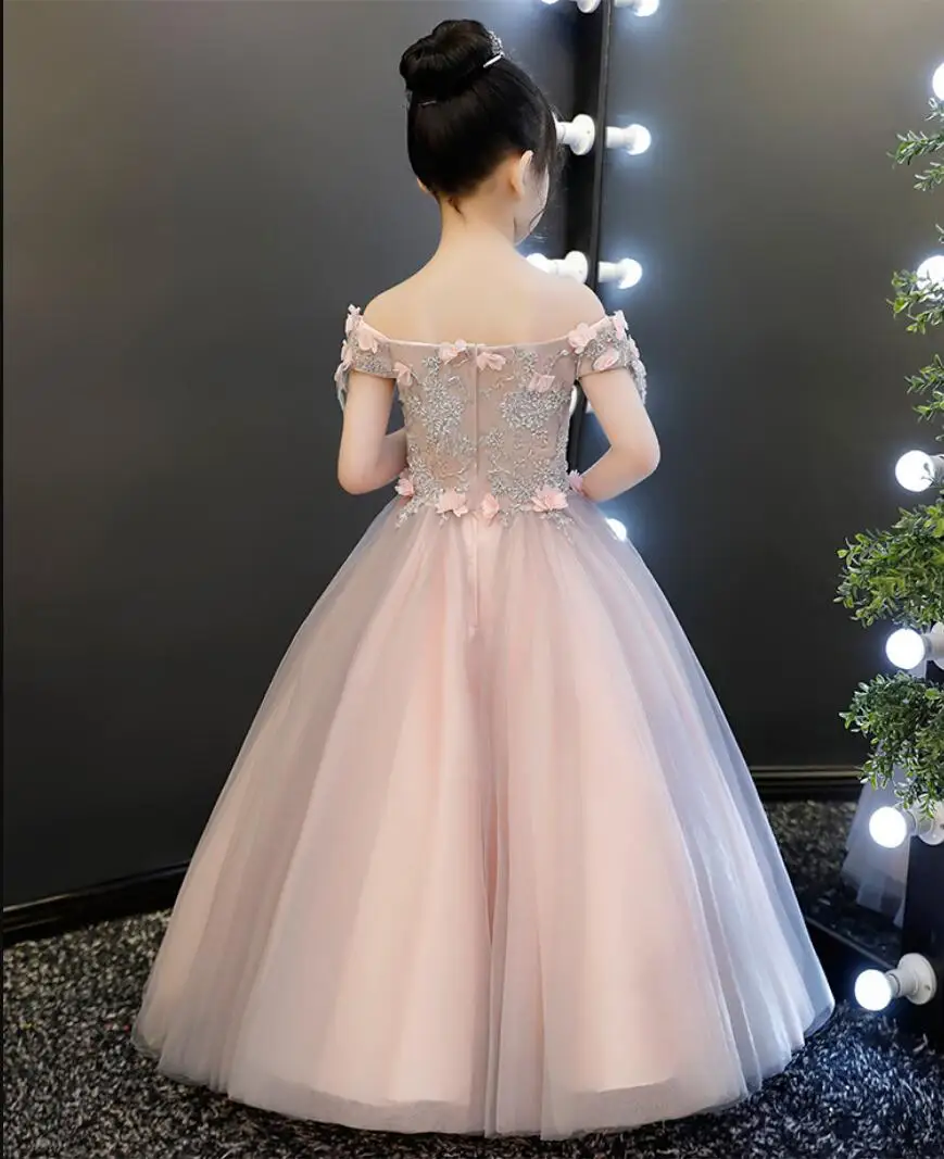 Элегантный розовый с аппликацией из кружева Платье для первого причастия длинное платье для девочек вечерние бальное платье с цветочным узором для девочек для свадьбы, праздника, нарядное платье