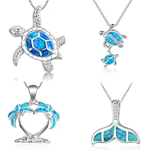 Fashion Silver Color Blue Imitati Opal Sea Turtle Pendant Necklace for Women Female Animal Wedding Ocean