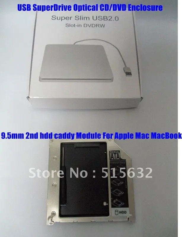 9.5mm 2nd HDD drive Caddy for Macbook Pro Unibody + USB Enclosure Case for Superdrive