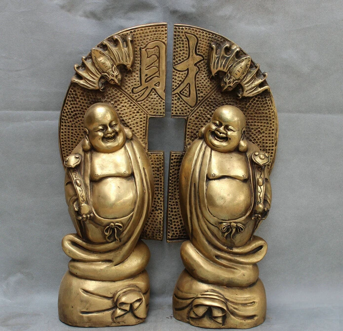 

20" Chinese Brass BAT Happy Laugh Maitreya Buddha On Bag Hold RuYi Statue Pair
