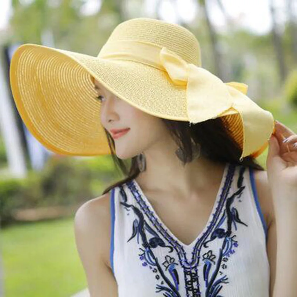 Спальное место#401 Новая мода Для женщин большой край соломенная Солнцезащитная шляпа гибкие широкие поля Шапки бантом складных пляжных Кепки; Лидер продаж;
