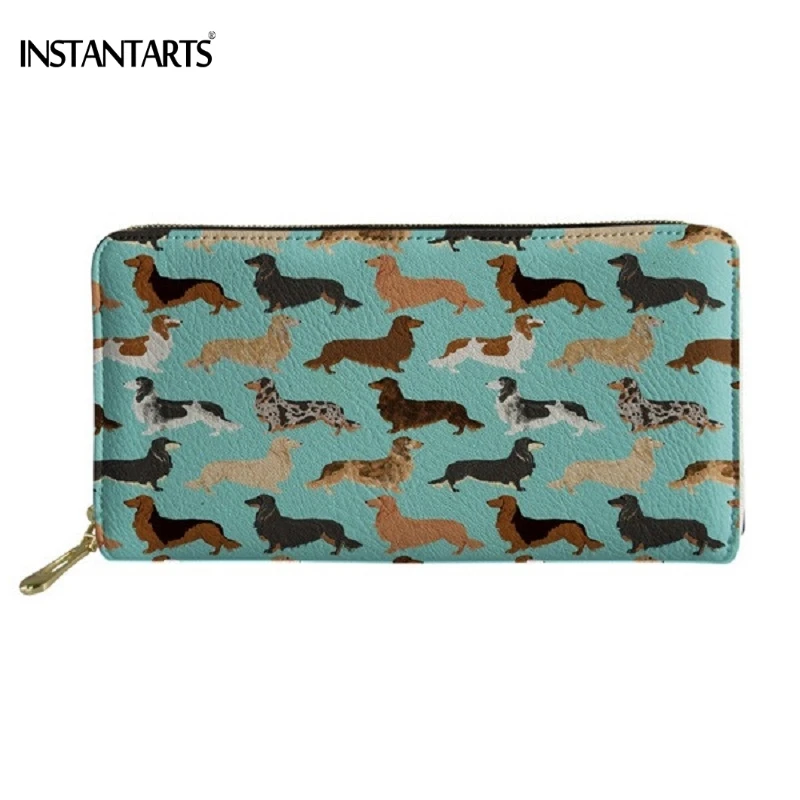 

INSTANTARTS Brand Design Woman Large PU Leather Wallet Cute 3D Dachshund Dog/Puppy Pattern Zipper Purse Casual Coin Card Holder