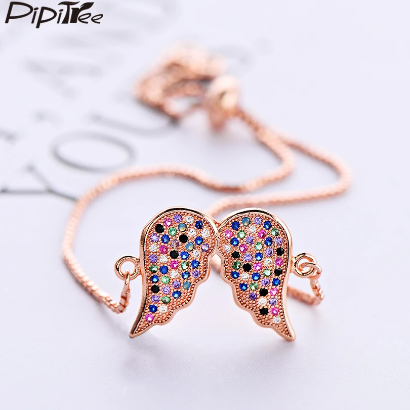 

Pipitree Gorgeous Multi CZ Zircon Angel Wings Bracelet Femme Rose Gold Color Box Chain Bracelets for Women Adjustable Jewelry