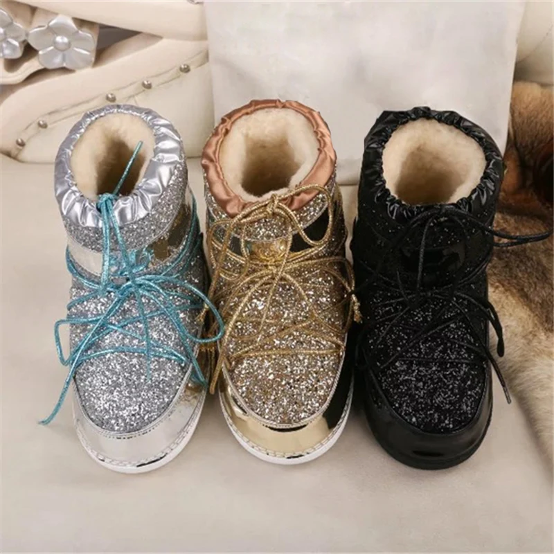 New Arival Bling Bling Gliter Snow Boots Winter Shoes Woman Slip on Round Toe Ankle Botas Thicken Warm Soft Fur Flat Heel Shoes