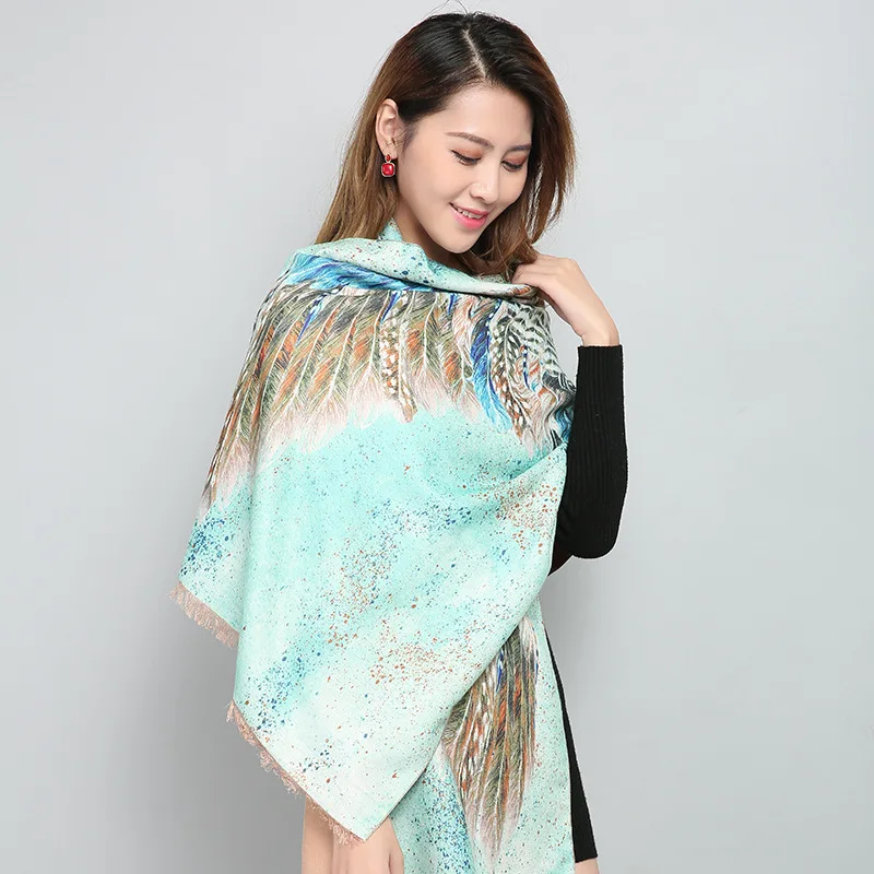 Дизайнерский бренд высокого качества Женский печати перо Длинные овечья шерсть детское одеяло зимнее одеяло завернутый тёплый шарф-шаль шарфы для женщин