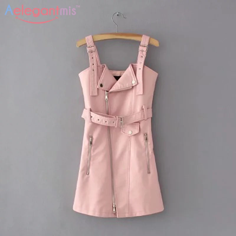 Aelegantmis Cool Slim Autumn PU Leather Dress Women Black Fall Short Leather Overalls Dress Female