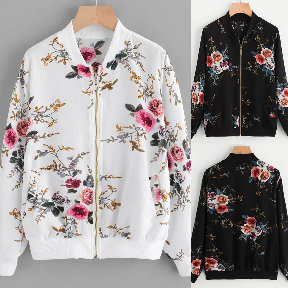 

Womens Jacket Tops Retro Floral Printing Zipper Up Bomber Jacket Autumn Winter Casual Coat Outwear WH/L dropshipping #30