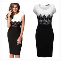 Classic Black and White Women Fashion Elegant Back Zipper Lace Empire Waist OL Career Pencil Knee-Length Casual Dress S,M,L,XL