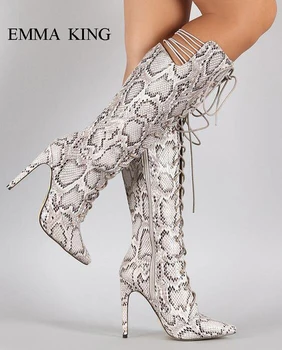 

2019 New Snake Printed Knee High Boots Pointed Toe High Heels Lace-up Stilettos Spring Autumn Evening Party Dress Women Shoes