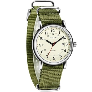 

AFFUTE Unisex Date Quartz Analog Watch with Green Nylon Slip-Thru Strap 30M Waterproof Clock Simple Men Women Army Sport Wathes