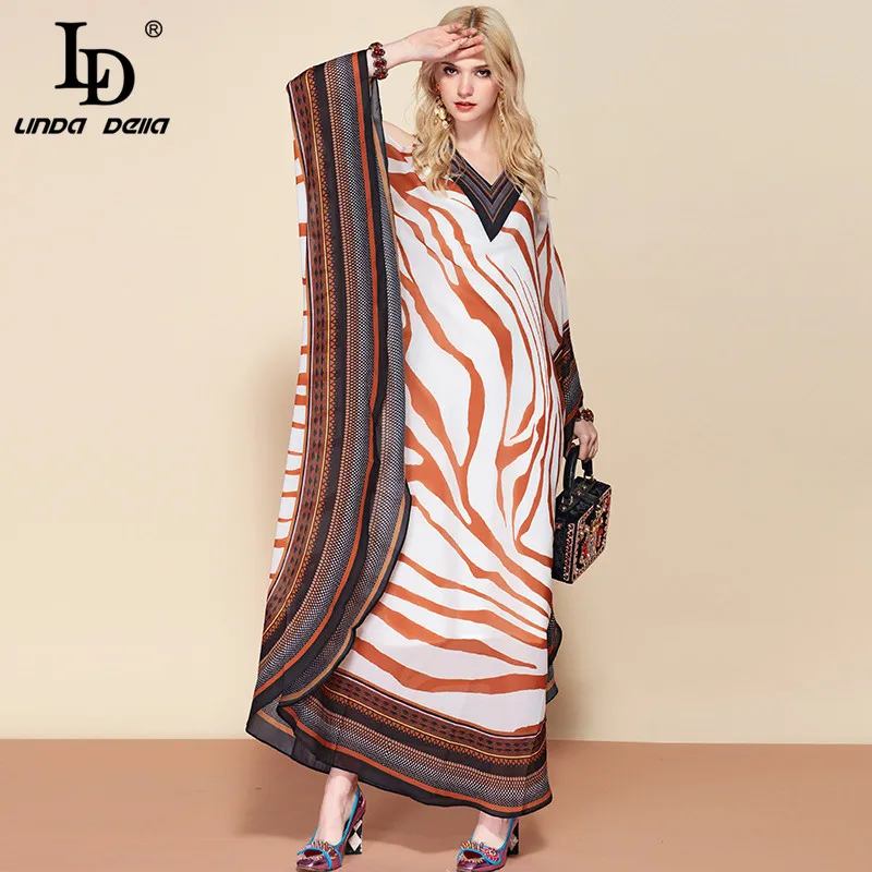 LD LINDA DELLA Fashion Runway 5XL Plus size Dress Women's V Neck Maxi Dress Batwing Sleeve Vintage striped Loose Long Dress