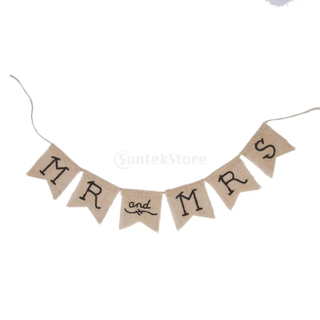 

Vintage Mr and Mrs Hessian Burlap Rustic Bunting Flags Hanging Banner Wedding Party Photo Prop Pageant Decor