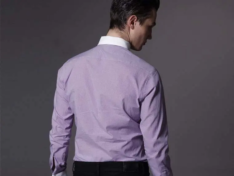 Хлопок Высокое качество Мужская рубашка белый воротник светло-фиолетовый в клетку Бизнес Повседневная рубашка