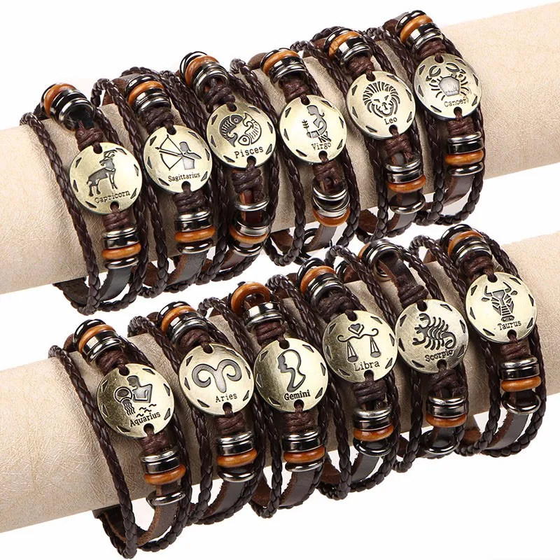 

Fashion Virgo Scorpio Libra Capricorn Aries Taurus Gemini Cancer Zodiac Bracelet Women & Men Genuine Braided Leather Bracelets