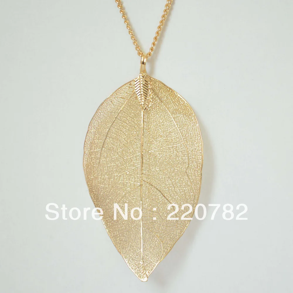 2014 Fashion Jewelry Gold And Silver Plated Metal Real Leaf Pendant Necklace Dipped Leaf Long