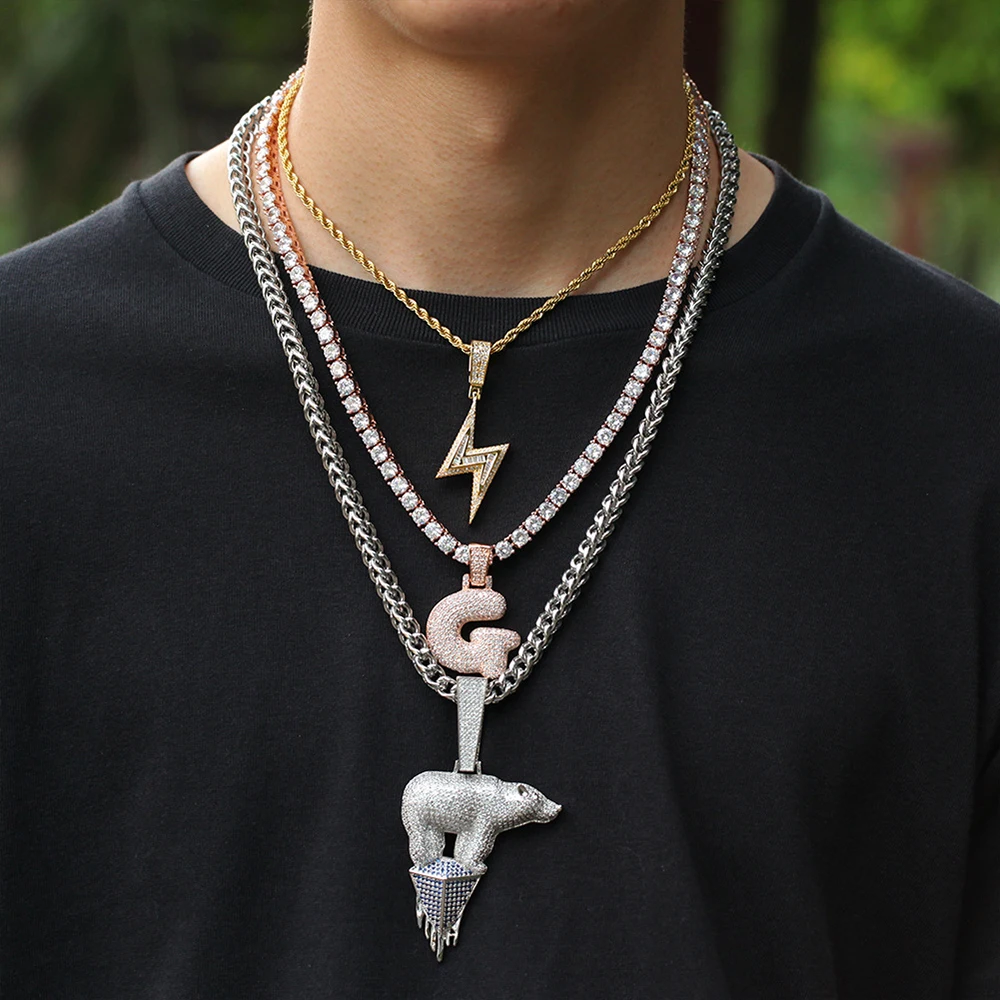 

Iced Out Baguette Geometry Lightning Hip Hop Pendant Chain Gold Silver Bling Zirconia Men's Hip Hop Pendant Jewelry Gift