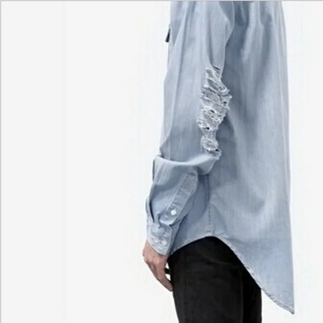 

2019 Mens Ripped Extended Denim Shirt Long Sleeve Fashion Men's Longline Jeans Shirt Destroyed Men Hip Hop Shirts z4