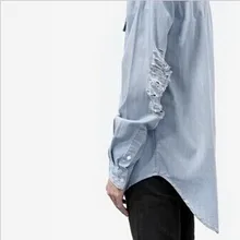 2019 Mens Ripped Extended Denim Shirt Long Sleeve Fashion Men's Longline Jeans Destroyed Men Hip Hop Shirts  z4