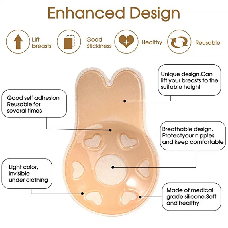 Милый бюстгальтер «кролик», Женский лифтинг с лепестками груди, невидимый пуш-ап бюстгальтер, лента, многоразовые накладки на соски, модный липкий бюстгальтер
