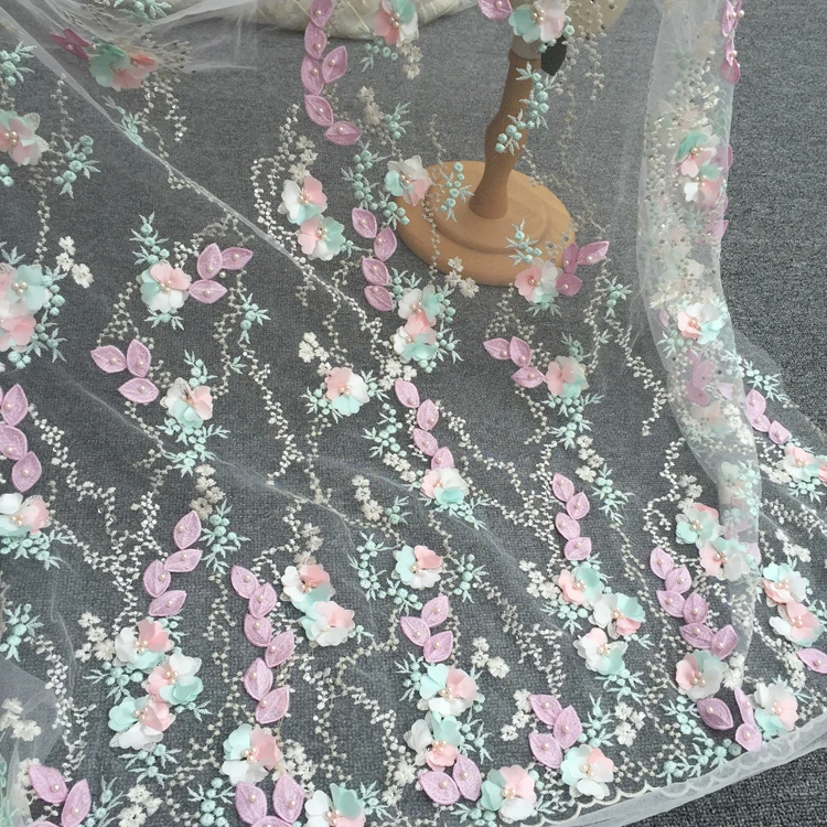 

1 Yard! 3Colors in stock Yellow, Purple, Blue lace fabric embroidery 2018 Top quality luxury 3d appliqued beading lace for dress