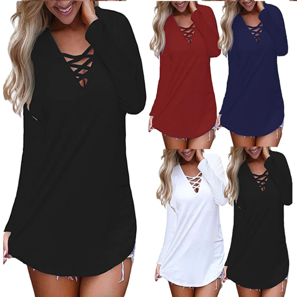 

Women Long Sleeve Casual Solid V Neck Lace Up Criss Cross Cami made of high quality materials Drop Shipping