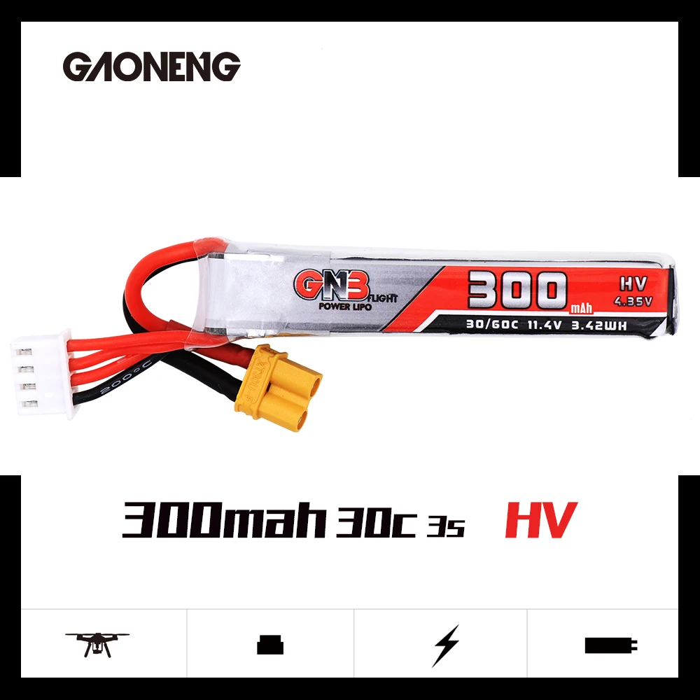 2 шт Gaoneng GNB 300mAh 3S 11,4 V 30C/60C HV Lipo батарея XT30 разъем для полноскоростного TinyLeader whoop3S Дрон RC FPV части дрона