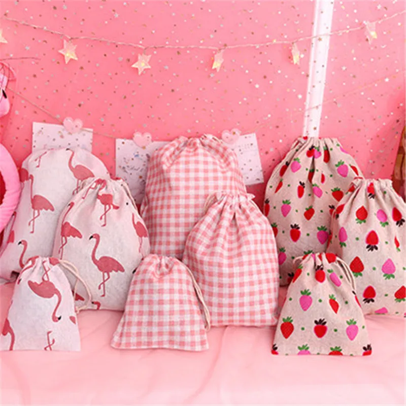 1 шт. ручная сумка на шнурке с изображением фламинго клубники хлопковая Льняная сумка для хранения упаковки дорожная женская маленькая тканевая сумка