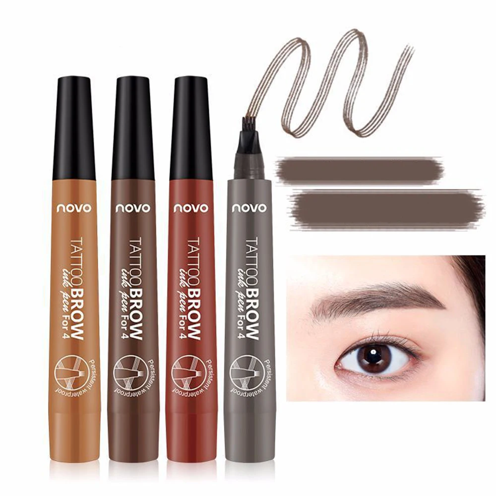 

4 Colors 3D Micro Fork Tip Eyebrow Tattoo Pen 4 Head Waterproof Quick-Drying Fine Sketch Liquid Eyebrow Enhancer Dye Tint Pen