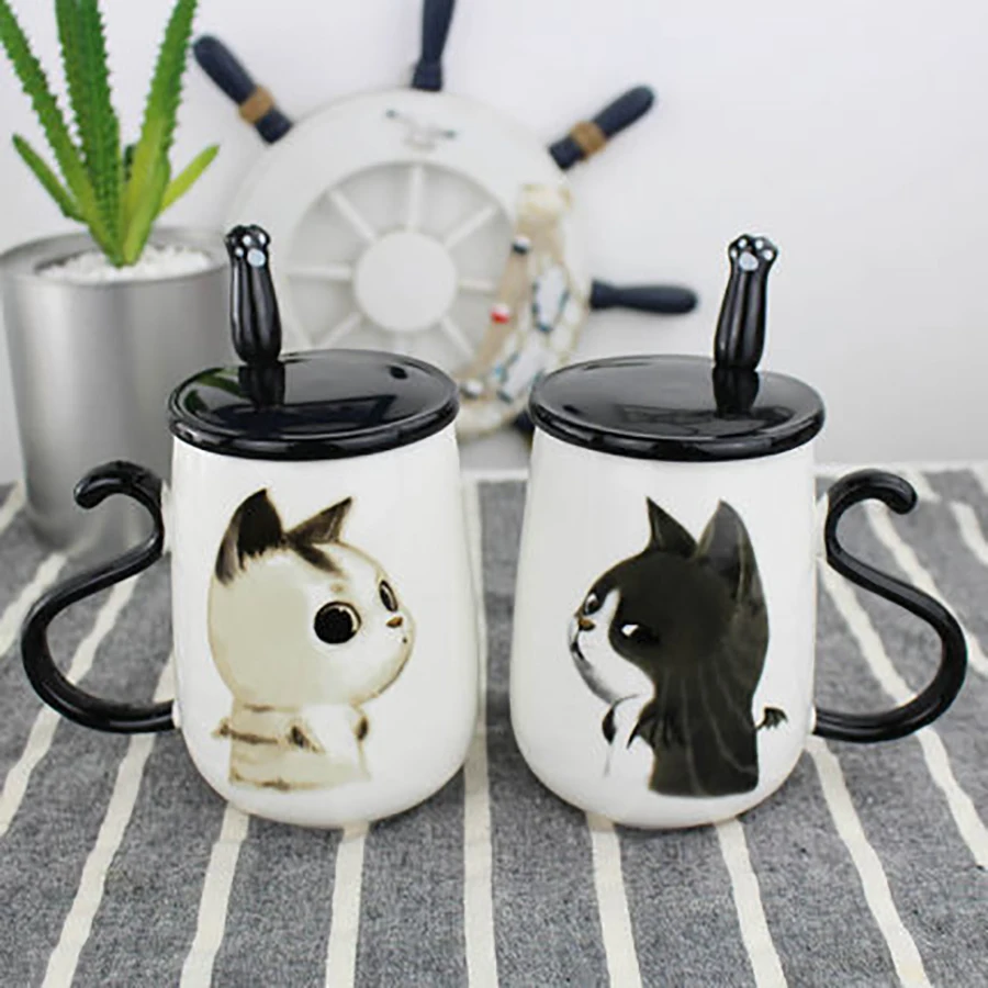 Керамика s милый кот Чай Кофе чашка деревянной ложкой крышка чашки Tazas де a Creativas