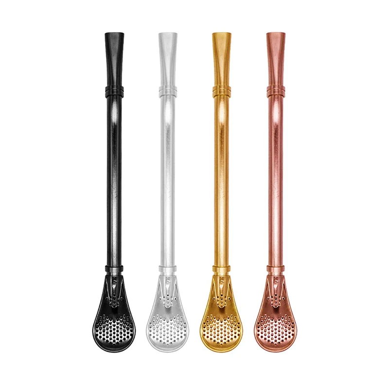 Stainless Steel Straw Spoon Reusable Metal Drinking Straws Stirring Spoon Filtered Teaspoon Coffee Stirrer Cocktail Bar Supply (14-1)