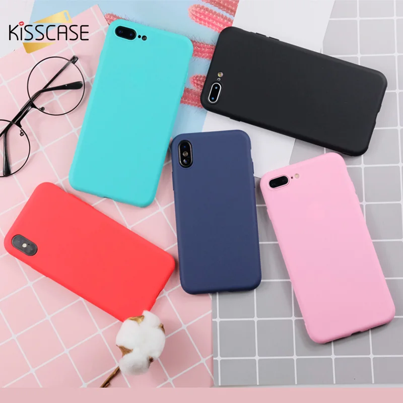 

KISSCASE Soft Case For iPhone 7 8 Simple Solid Color Silicone Case For iPhone 7 8 6s Plus 5s XS X Candy Color Back Cover