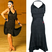 Женское платье для латинских танцев, одежда для выступлений для взрослых, сексуальное черное платье без рукавов с бахромой, платье для сальсы, платье для латинских танцев DQS1583