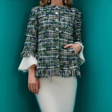 Высококачественная Ограниченная серия шелк и хлопок в смеси цветной нитью 3d тканый жакет-осень женский зеленый бандаж на локоть Топ