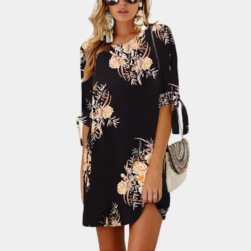Женское платье летнее сексуальное шифоновое платье с цветочным принтом бохо стиль Короткие вечерние Пляжные Платья Туника плюс размер - Цвет: Black