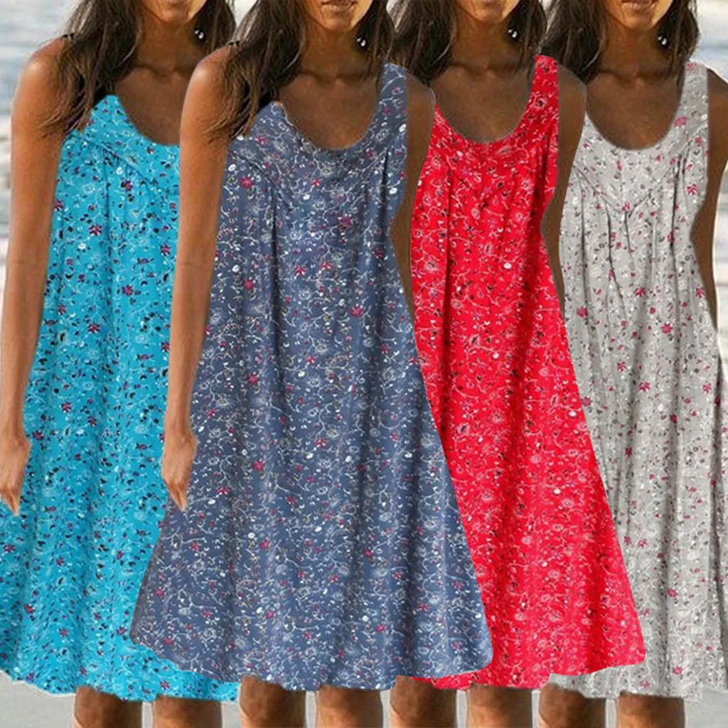 

feitong 2019 robe femme mujer Vintage Dresses Women Casual Print Sleeveless Loose Plus Size Beach Summer Maxi Dress femininos