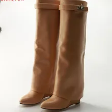 Okhotcn Металл Акула замок замши Скрытая Клин Для женщин Сапоги и ботинки для девочек увеличивающие рост раза сапоги до колена женские ботинки для верховой езды большой Размеры bota