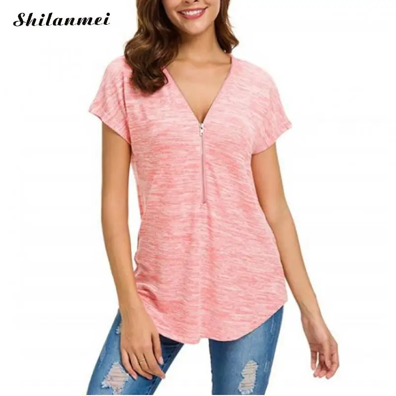 

Women Short Sleeve T-Shirts Korea Loose Breathable Summer Tops Casual Woman'S Zipper V Neck Tops Tees Female Clothing Pink Shirt