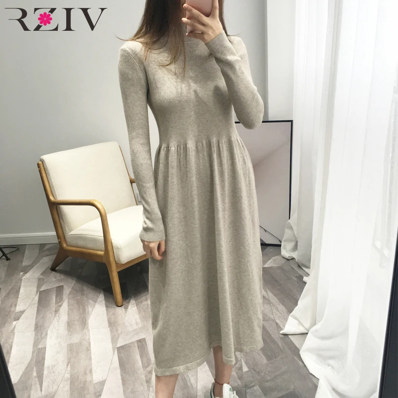 RZIV, осенне-зимнее женское платье, повседневное, одноцветное, с высоким воротником, с длинным рукавом, свитер, вязаное платье