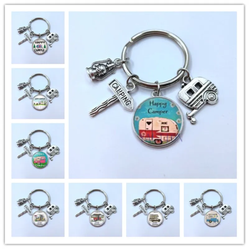 

Happy camping cute car travel I camp camper road sign glass cabochon key chain traveler key chain goddess charm wholesale