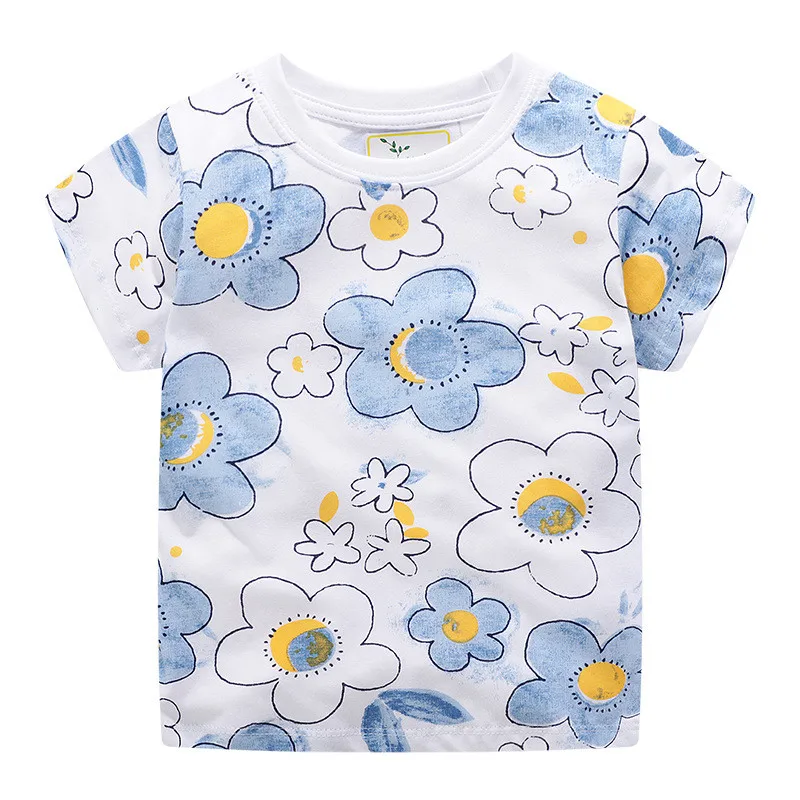 Jumping meter/детская одежда; Летние футболки с аппликацией; новая одежда для маленьких девочек; футболки с птицами; хлопковая Брендовая детская футболка для девочек - Цвет: T6447 Flowers