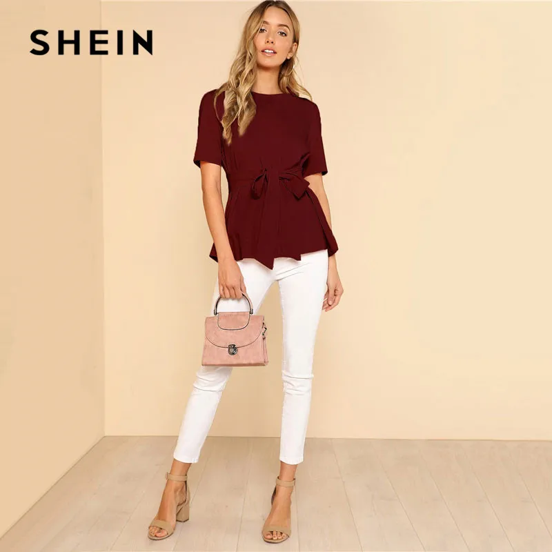 SHEIN Однотонная Блуза С Поясом Женские Летние Элегантные Блузки С Коротким Рукавом