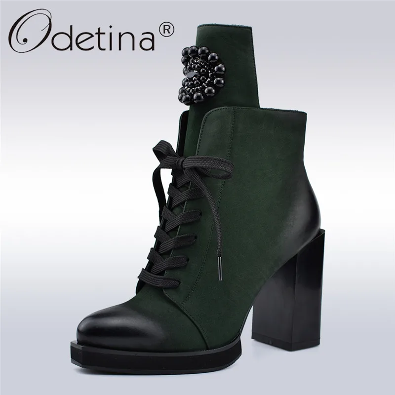 Achat Odetina Automne Hiver Nouvelle Mode Dame Cheville Bottes Décoration En Métal Cristal Carré Haute Talons 10 cm Côté Zip Dentelle Up femmes Bottes